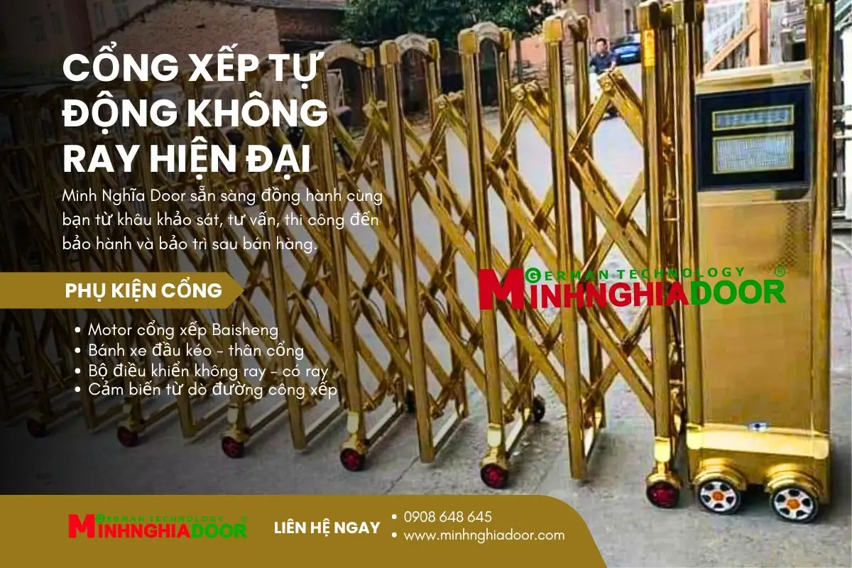 Cổng xếp tự động không ray hiện đại Cổng xếp tự động không ray hiện đại