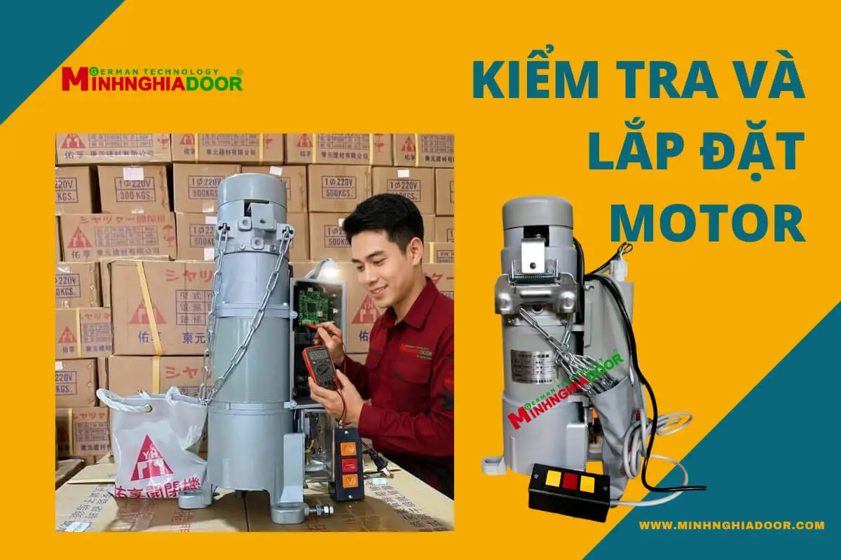 Kỹ thuật viên kiểm tra motor cửa cuốn trước khi lắp đặt